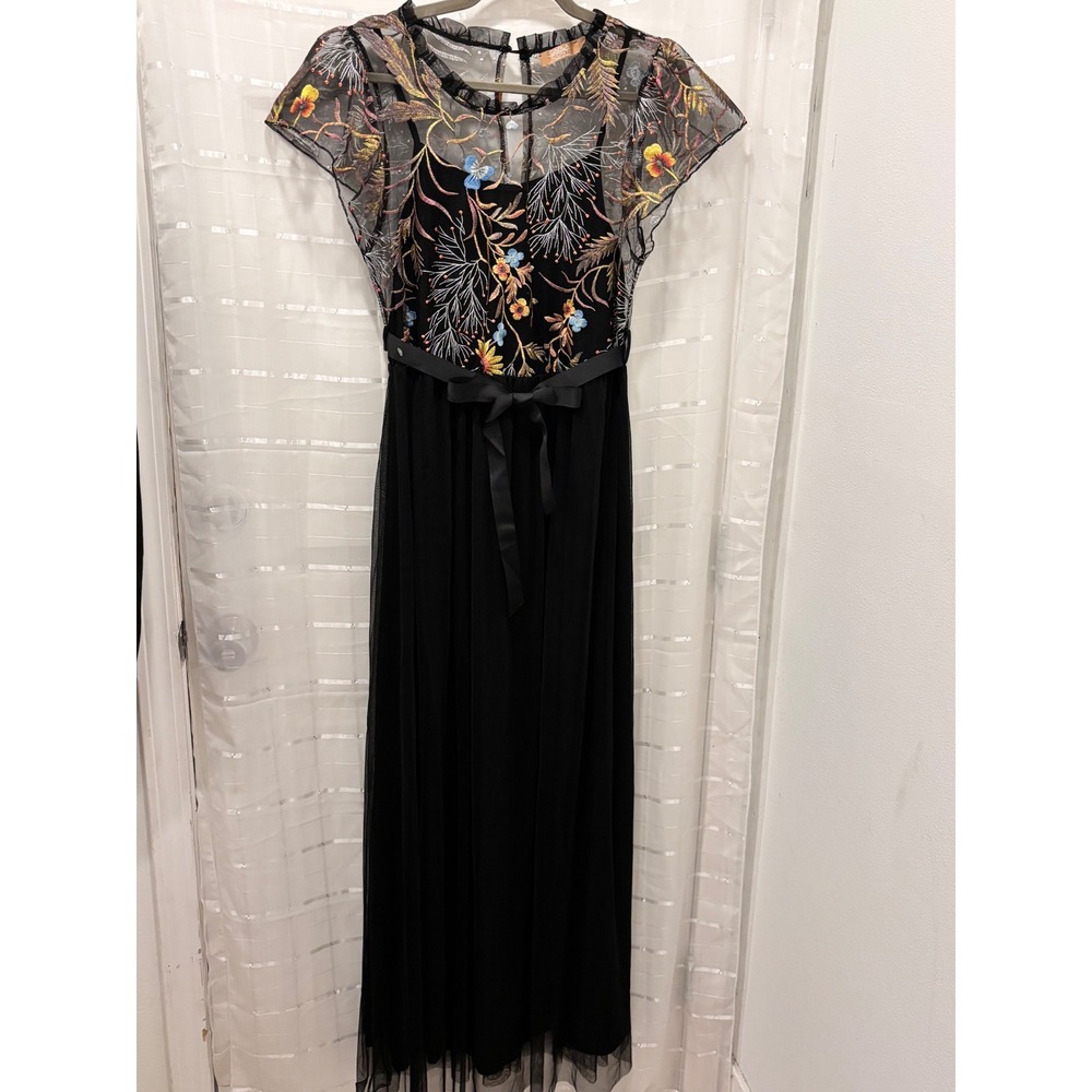 Carla Conti Italy Floral Embroidered Mesh Tulle Maxi Dress Black Large AR045